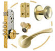 Herraje seguridad + pomo y mirilla + manilla Ola dorado