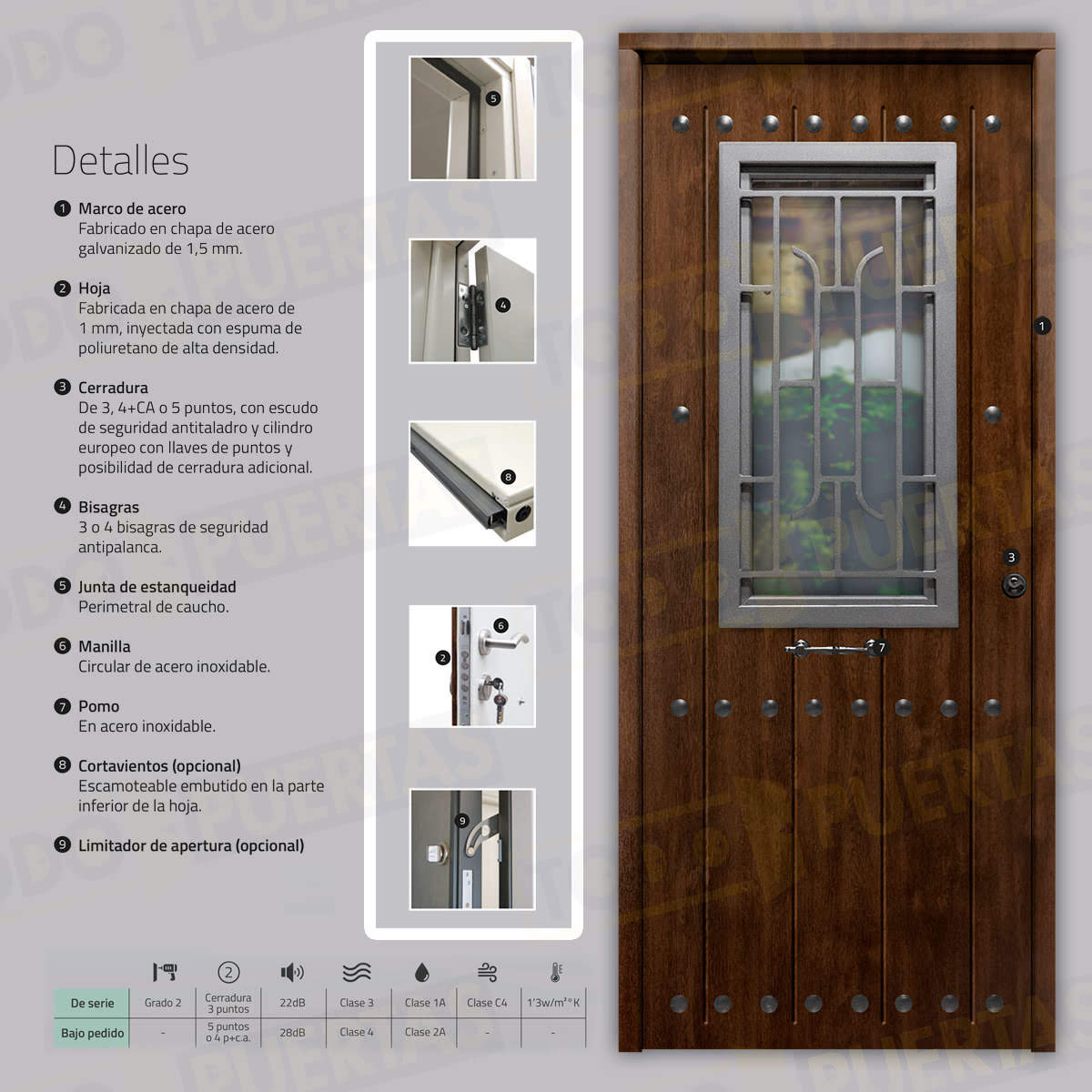 Puerta Galvanizada 1150 CL-CR-Reja / 1110 Saga 100 Cristal Roble Viejo (Cara Interior Lisa)
