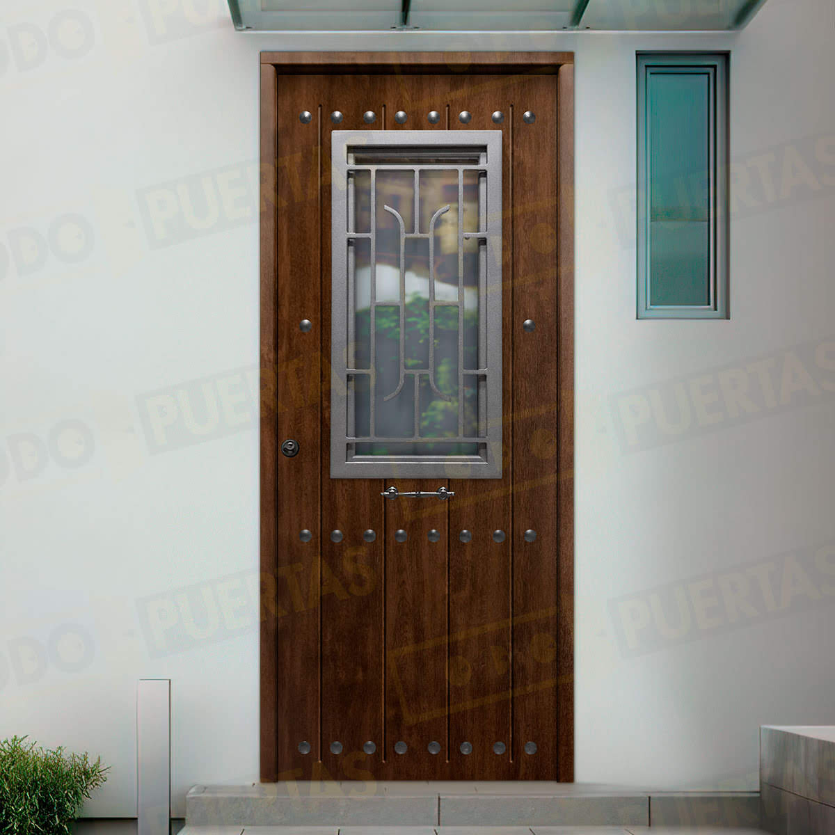 Puerta Galvanizada 1150 CL-CR-Reja / 1110 Saga 100 Cristal Roble Viejo (Cara Interior Lisa)